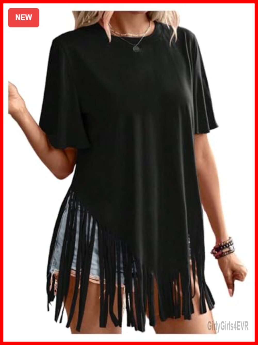 SHENHE Women's Fringe Hem Short Sleeve Boho Tee